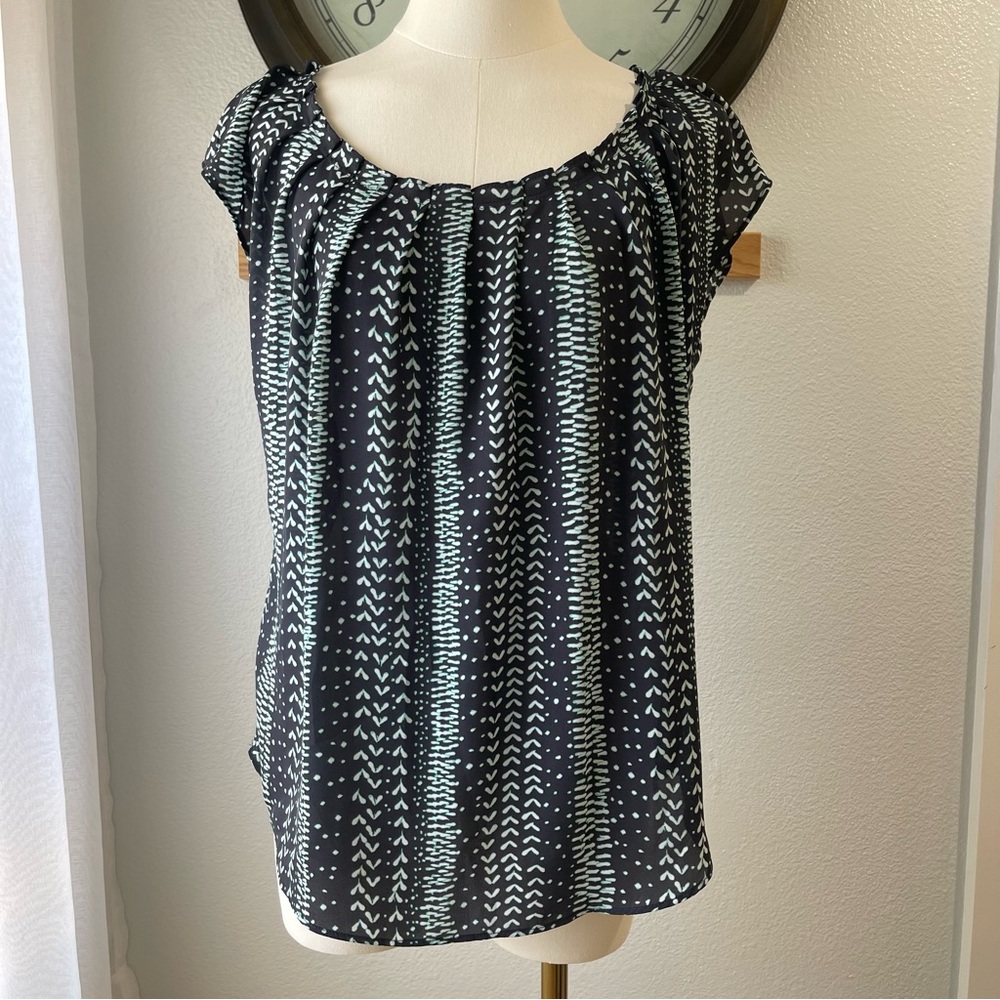 Boho Printed Scoop Neck Pleated Peasant Blouse M Whimsigoth Workwear Minimalist